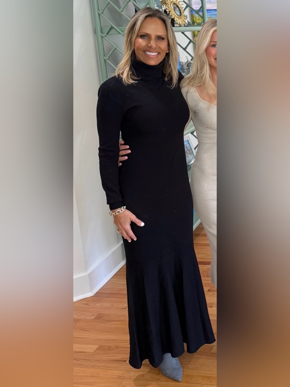 Toccin Black Ribbed Turtleneck Maxi Dress with Flared Hem